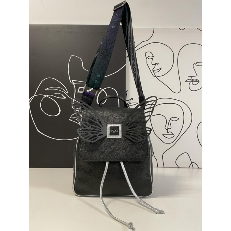 Leather backpack with wings ES-S0055 BLACK - SILVER EGO