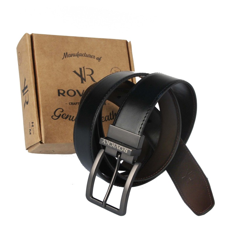 Men's leather belt RPM-14D-PUM BLACK + BROWN ROVICKY